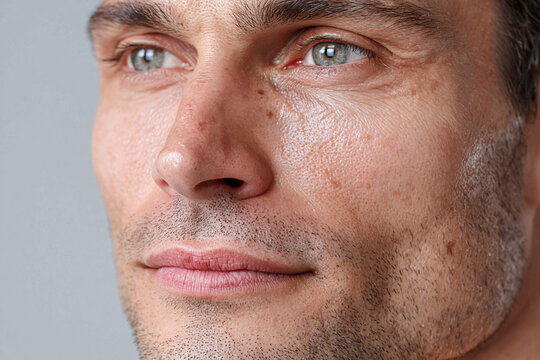 Close up male face skin texture pore detail blue eye stubble freckle