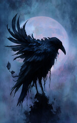 Obraz premium Dark raven with flowing ink like feathers dissolving into mist before a luminous full moon in deep blue night sky creating dramatic gothic fantasy atmosphere for halloween posters book covers and myst