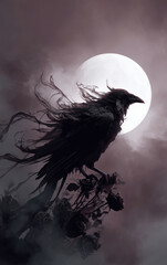 Obraz premium Dark raven with flowing ink like feathers dissolving into mist before a luminous full moon in deep blue night sky creating dramatic gothic fantasy atmosphere for halloween posters book covers and myst