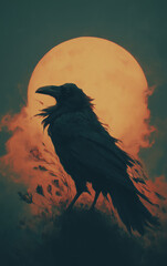 Obraz premium Dark raven with flowing ink like feathers dissolving into mist before a luminous full moon in deep blue night sky creating dramatic gothic fantasy atmosphere for halloween posters book covers and myst