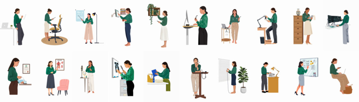 Large collection of minimalist illustrations showcasing a professional woman in various work environments, including medical, corporate, and educational settings.