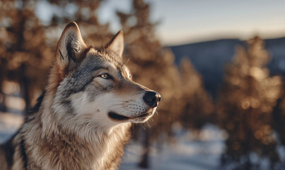 Obraz premium Majestic wolf howling at full moon in snowy winter forest at night with falling snow and dramatic moonlight creating mystical wilderness atmosphere for nature and wildlife themes