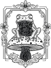 Fototapeta premium Whimsical frog perched on a decorative mushroom within an ornate frame