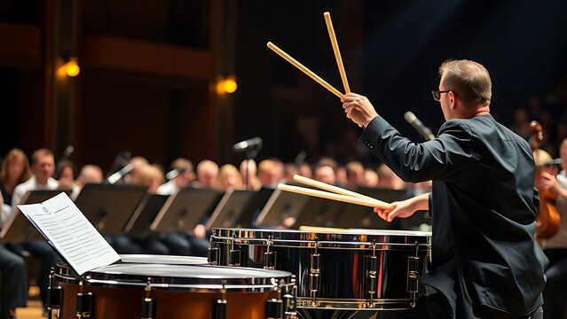 timpani. Orchestra percussionist poised over timpani on stage with dramatic lighting. event programs, museum guides, designed for cultural heritage projects and event programs, supports education.