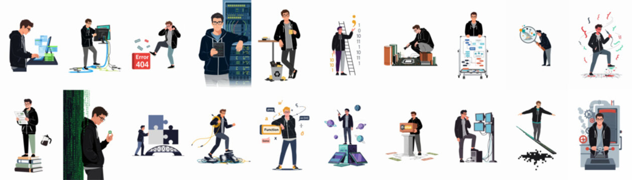 Collection of eighteen vector illustrations featuring a male software developer performing various IT tasks, coding, debugging, and managing server infrastructure.