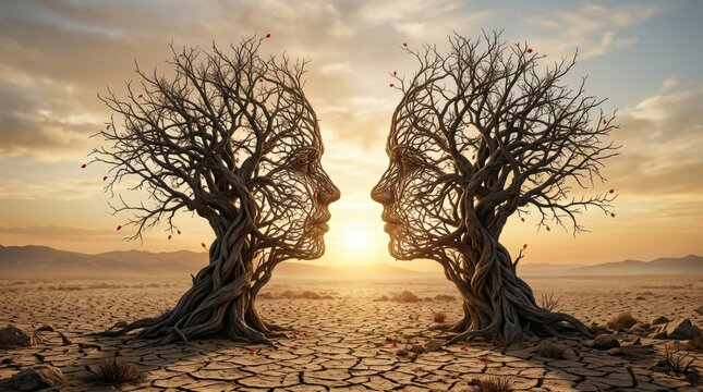 Surreal conceptual illustration of two trees shaped like human faces facing each other in a cracked desert landscape at sunset.