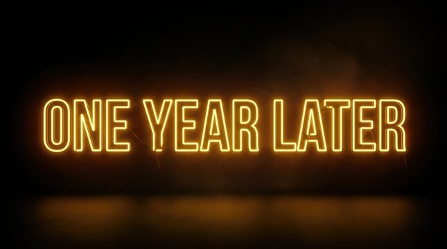 One year later glowing neon sign on a dark background for anniversary and progress concept.