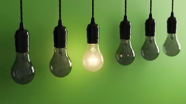 One glowing lightbulb among dark ones representing a bright idea and creative innovation on green background.