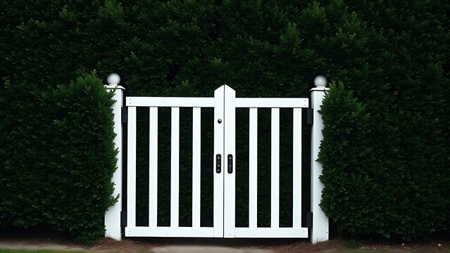 privet. White garden gate in front of a tall, dense privet hedge. real-estate listings, architecture portfolios, designed for interior renovation comparisons for interiors, highlights design details.