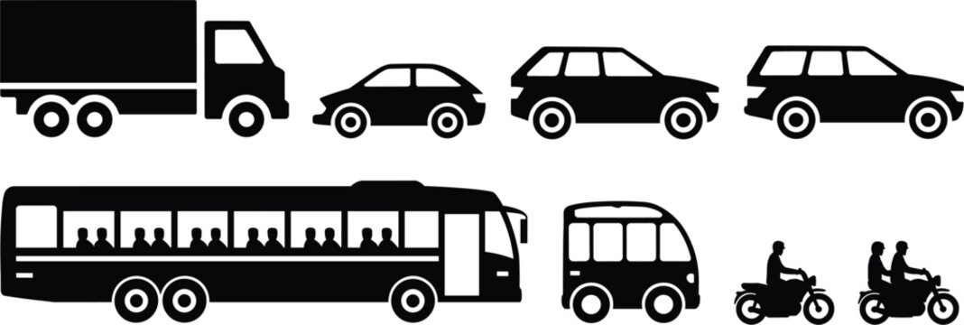 Silhouettes of various transportation vehicles including truck cars bus motorcycles