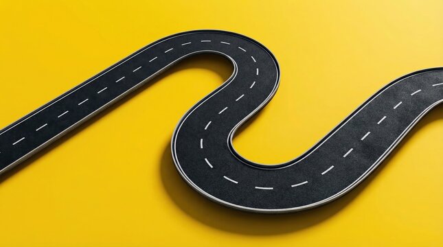 Minimalist winding road on a yellow background representing a business roadmap and the journey to success.