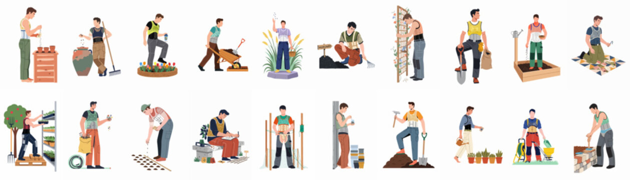 Collection of male characters performing various gardening and landscaping tasks while wearing supportive back braces for safety and ergonomic body protection.