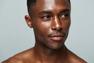 Fototapeta premium Glowing dark skin male portrait, close up, soft glossy skin, neutral background, confident expression, skincare model shot