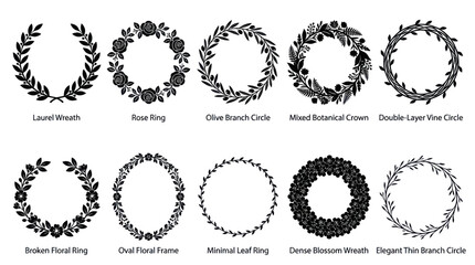Obraz premium Black and White Floral Wreaths and Circles Vector Set