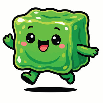 Cute Kawaii Running Green Slime Jelly Cube Cartoon Character Sticker Design, Funny Happy Squishy Blob Illustration, Adorable Gamer Slime Art for Kids and Gaming Lovers