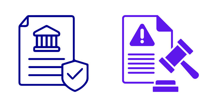 Legal document icons with courthouse and gavel, isolated on transparent background