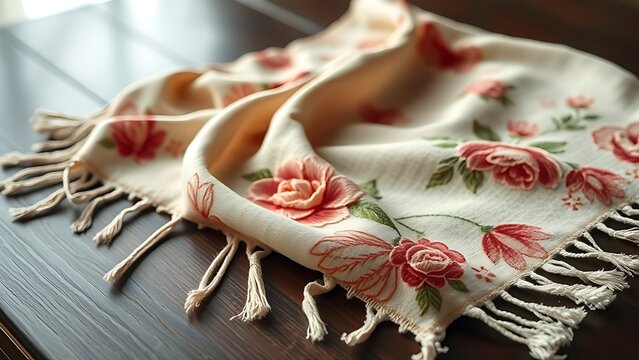 pashmina. Intricately woven pashmina shawl with floral embroidery on dark wood. tutorial guides, club newsletters, designed for tourism and weekend activity guides, used by management consultants.