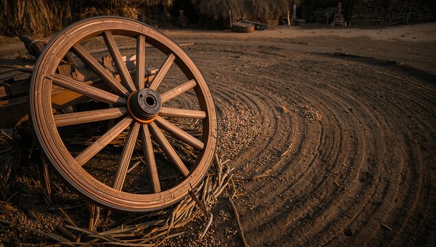 Large wooden cart wheel with iron rim resting on circular mud threshing floor with scattered paddy stalks
