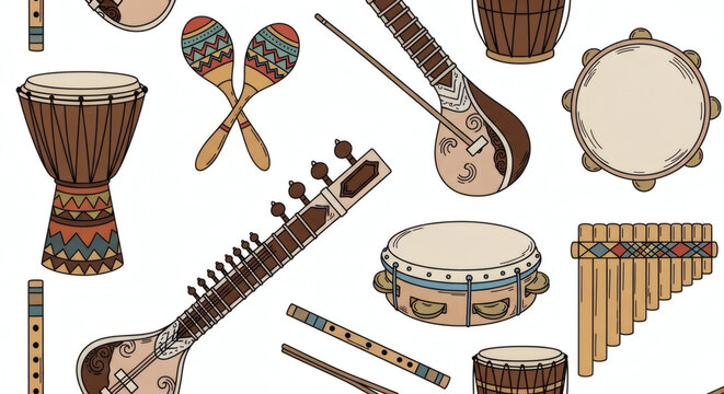 Seamless pattern of world musical instruments in hand drawn style. African drums, sitar, maracas, pan flute and tambourine arranged in balanced composition, cultural diversity theme, clean background
