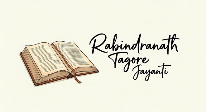 open book with rabindranath tagore jayanti handwritten text on white background