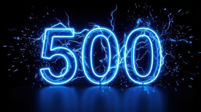 Glowing blue neon number five hundred with electric lightning sparks for milestone celebration.