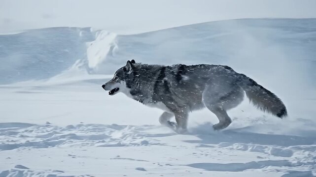 Gray wolf running through deep snow in a winter wilderness