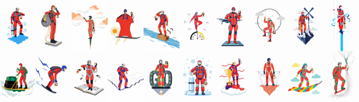 A diverse collection of flat design illustrations showing skydivers in red suits participating in various extreme activities, sports, and conceptual skydiving scenes.