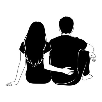 A couple sitting together with their backs to the viewer, the woman's arm around the man's shoulder.
