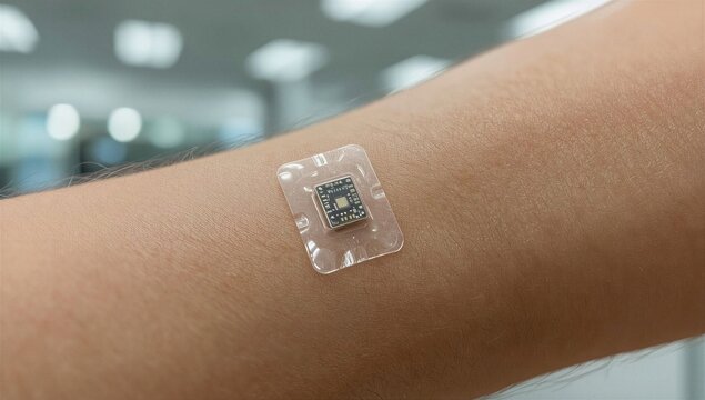 Extreme close-up of flexible transparent biosensor patch with metallic circuits on human arm