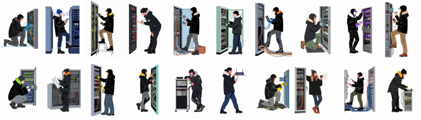 Illustrations of technicians wearing winter parkas while maintaining server racks and telecommunications hardware in a data center environment. © Asep