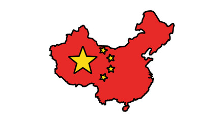Fototapeta premium Red Map of China with National Flag Stars, Geographic Outline and Political Symbolism on Isolated White Background