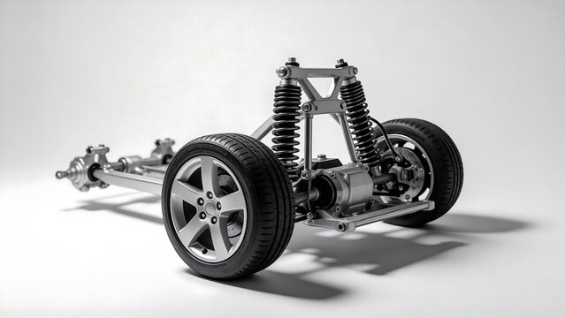 Car chassis with wheels and suspension