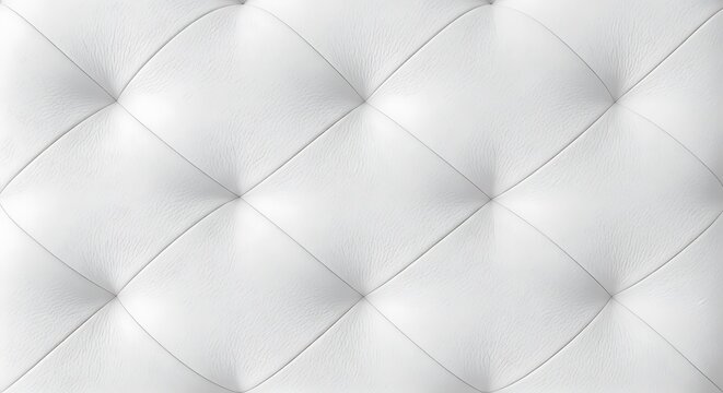 A close-up view of a white tufted leather surface with a grid pattern of stitched buttons