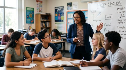 Fototapeta premium Teacher leading diverse classroom discussion.