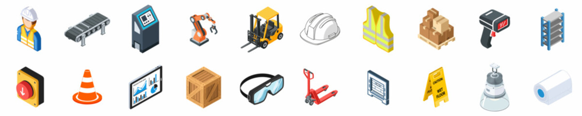 Collection of isometric industrial icons including machinery, safety equipment, and logistics tools for warehouse and factory management. © Asep
