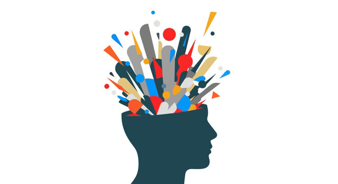 Silhouette of a head with an open cranium releasing colorful abstract shapes, rendered as a flat vector illustration against a clean white backdrop, symbolizing creativity and explosive