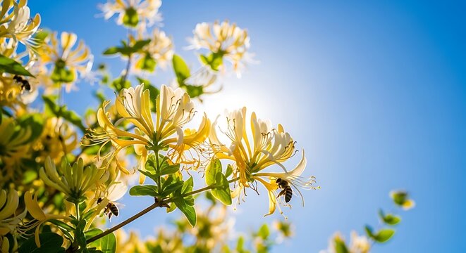 A low-angle view of yellow honeysuckle flowers and busy bees against a bright sun shining in a clear blue sky on a beautiful sunny day