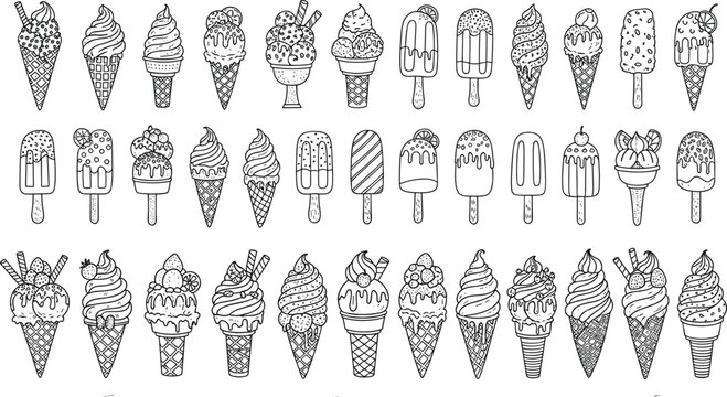 Hand drawn ice cream cone and popsicle collection vector set with doodle style desserts outline illustration sweet summer treat elements bundle