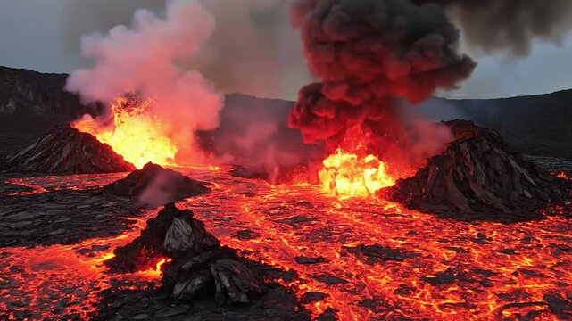 Volcanic Lava Flowing in Molten Rivers