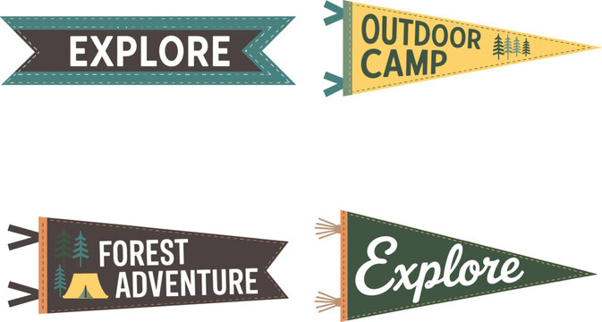 Retro outdoor camping pennant flags with explore forest adventure themes