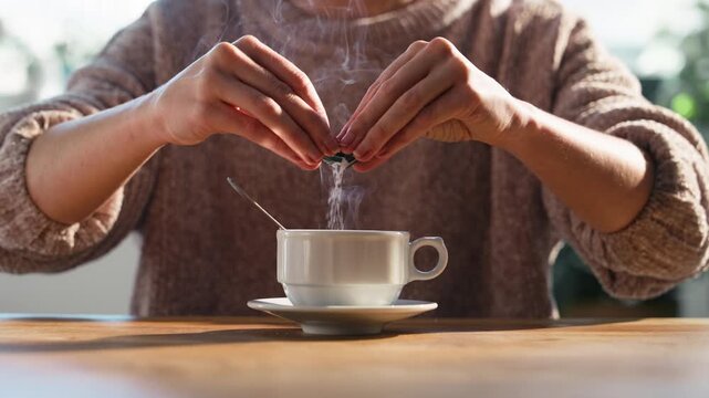 Video of close up of woman hands pouring sugar into coffee at home. 