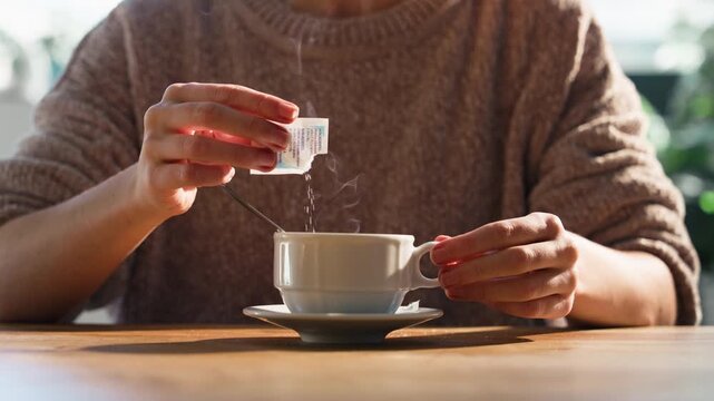 Video of close up of woman hands pouring sweetener into coffee at home.