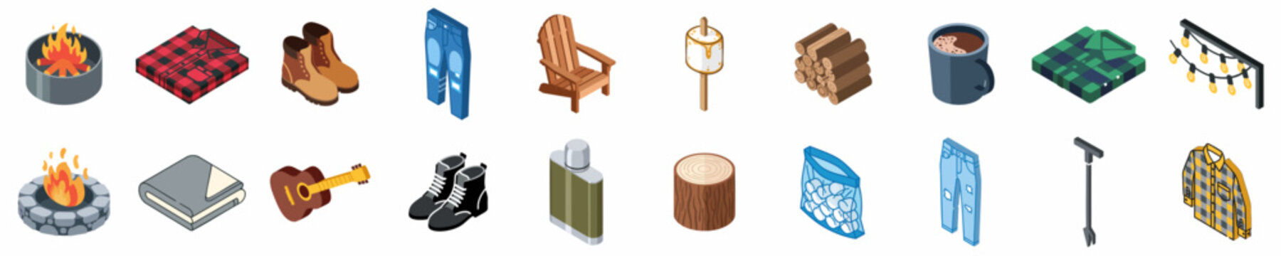 Isometric Icon Set of Camping and Outdoor Bonfire Elements Featuring Campfire, Plaid Shirts, Boots, Firewood, Marshmallows, and Cozy Accessories.