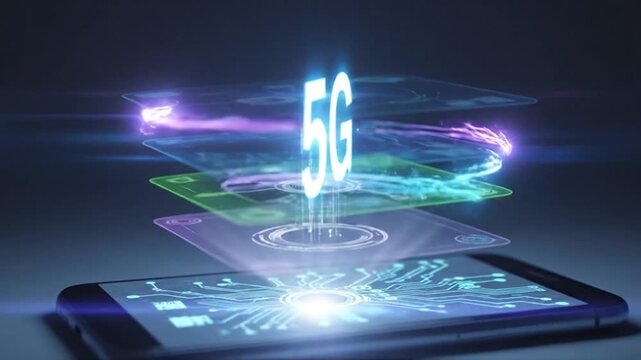 Smartphone displaying holographic layers of 5G network technology and digital connectivity concepts