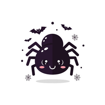 A cute black kawaii spider with big eyes and a smile is surrounded by small bats and cobwebs in a charming Halloween-themed vector illustration.