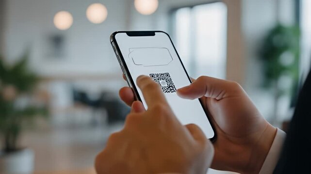 Close-up of hands scanning a QR code on a mobile phone in a bright office