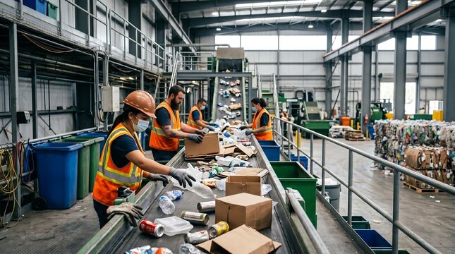 Workers sorting recyclables on conveyor belt.