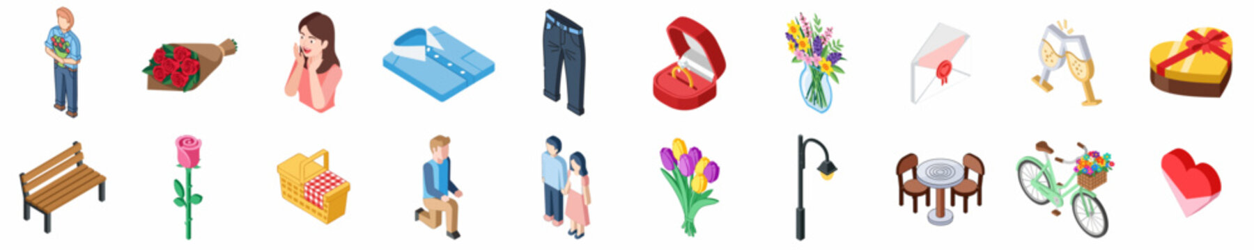Isometric collection of romantic date and proposal icons featuring couples, flowers, gifts, and outdoor scenery for Valentine's Day or engagement themes.