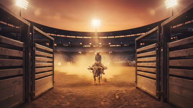 Cowboy Riding Bull in Rodeo Arena Stadium at Sunset