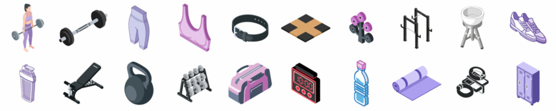 Isometric Collection of Gym and Fitness Equipment Icons Featuring Weights, Apparel, and Training Accessories in a Purple and Black Theme